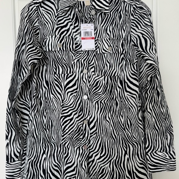 Michael Kors Womens Zebra Print Tunic Top XS Black Button Down Linen Blend NWT - Picture 8 of 14